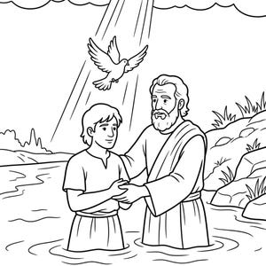 May include: A black and white line art illustration depicting a baptism scene in a river. A bearded figure stands in the water holding the hands of a younger person. Above them, a dove descends from the clouds within a beam of light.
