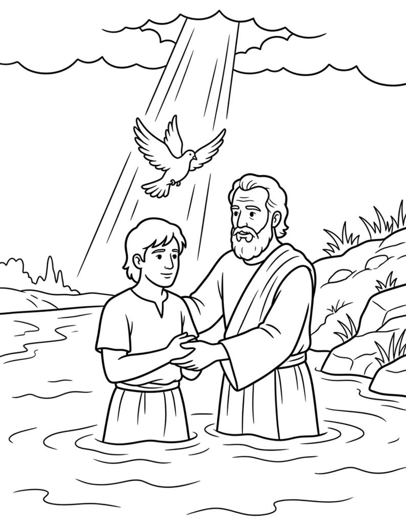 May include: A black and white line art illustration depicting a baptism scene in a river. A bearded figure stands in the water holding the hands of a younger person. Above them, a dove descends from the clouds within a beam of light.