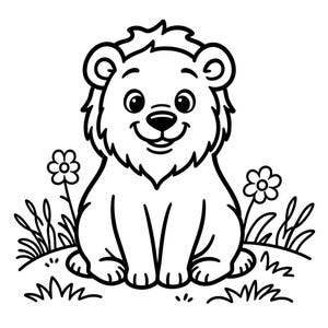 May include: A black and white line art illustration of a small, seated lion cub with a fluffy mane. The cub is positioned in a grassy area with two simple flowers on either side, featuring bold outlines and a friendly, smiling facial expression.