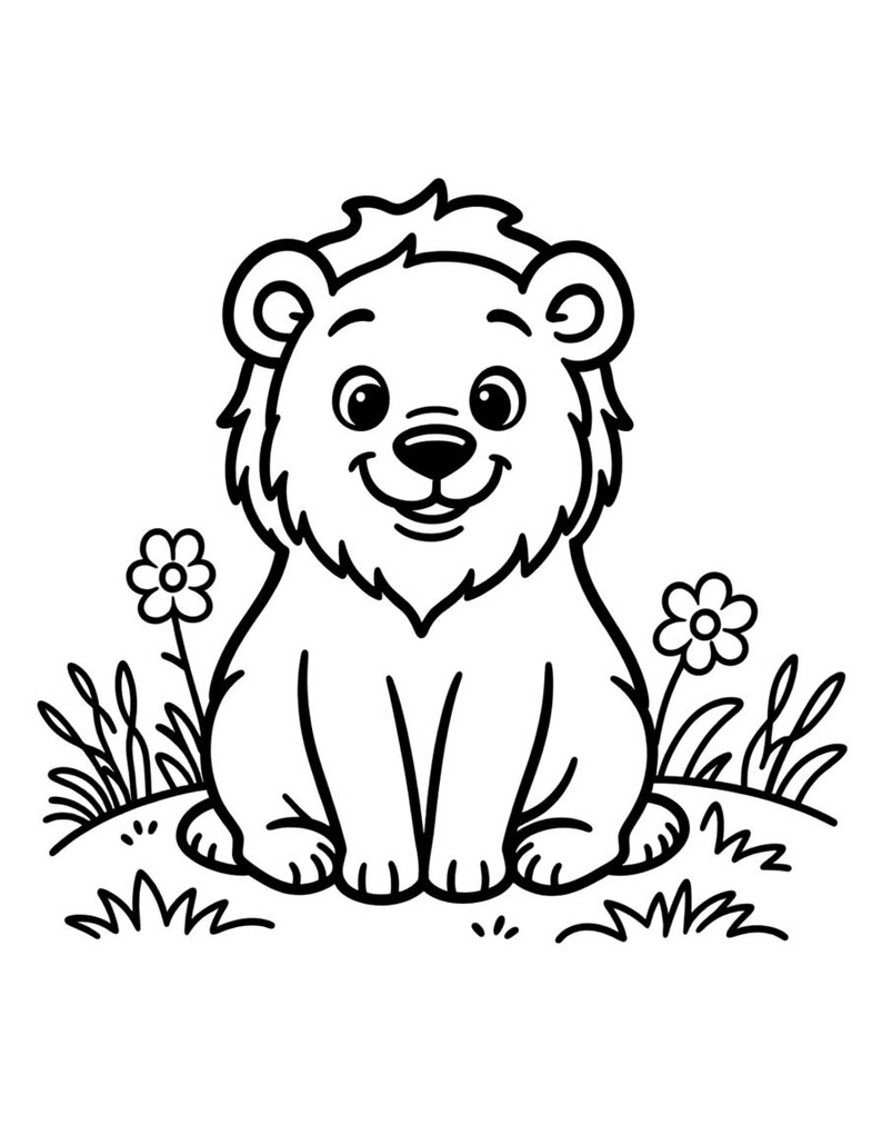 May include: A black and white line art illustration of a small, seated lion cub with a fluffy mane. The cub is positioned in a grassy area with two simple flowers on either side, featuring bold outlines and a friendly, smiling facial expression.