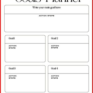 May include: A white goals planner page with black text. The header reads Goals Planner. It includes a section for a main goal with action steps, followed by four smaller goal sections labelled Goal 1 through 4, each with action steps. The footer text reads Design a Purposeful Week Ahead and Monitor Your Health, Wellness, and Business Goals.