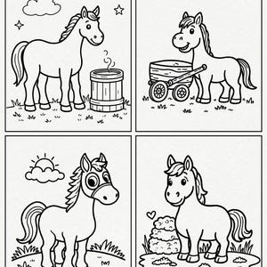 Peut inclure: Une page de coloriage en noir et blanc compos&eacute;e de quatre panneaux distincts. Chaque panneau pr&eacute;sente un cheval de dessin anim&eacute; dans un d&eacute;cor diff&eacute;rent, incluant un cheval avec un tonneau, une charrette, un soleil et une forme de c&oelig;ur.