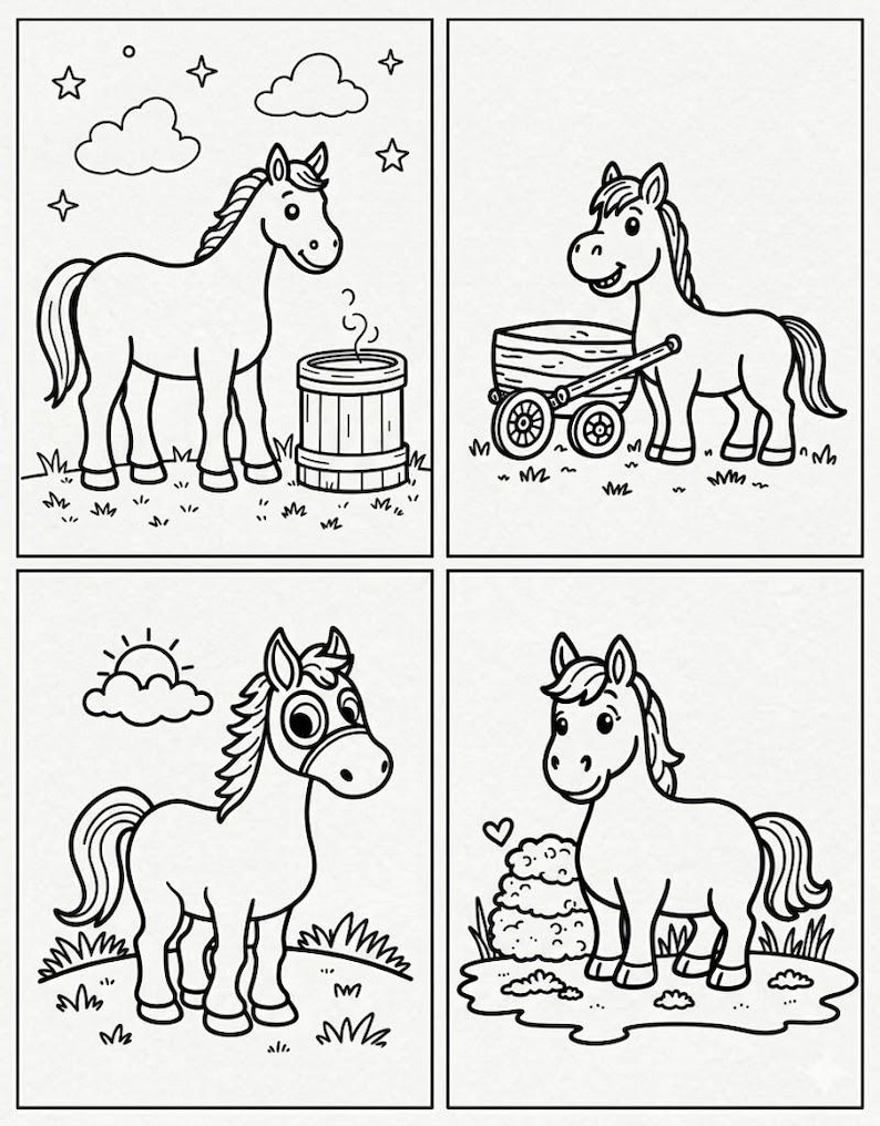 Peut inclure: Une page de coloriage en noir et blanc compos&eacute;e de quatre panneaux distincts. Chaque panneau pr&eacute;sente un cheval de dessin anim&eacute; dans un d&eacute;cor diff&eacute;rent, incluant un cheval avec un tonneau, une charrette, un soleil et une forme de c&oelig;ur.