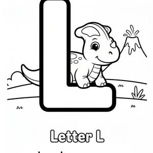 May include: A black and white coloring page featuring a large uppercase letter L. A cartoon dinosaur is positioned next to the letter. The background includes a volcano, clouds, and grass. The text at the bottom reads Letter L and Lambeosaurus.