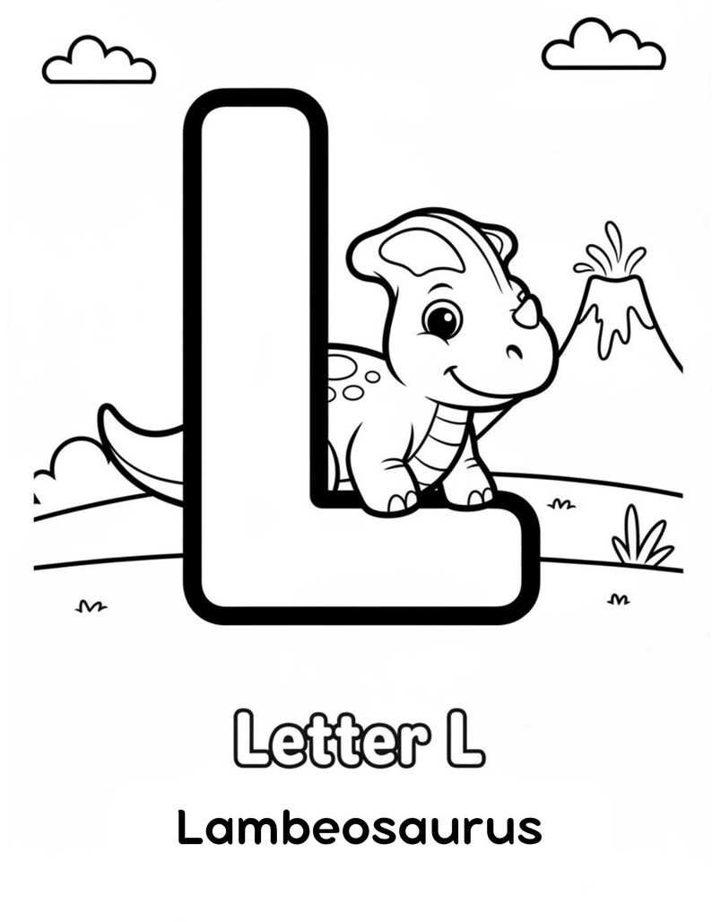 May include: A black and white coloring page featuring a large uppercase letter L. A cartoon dinosaur is positioned next to the letter. The background includes a volcano, clouds, and grass. The text at the bottom reads Letter L and Lambeosaurus.