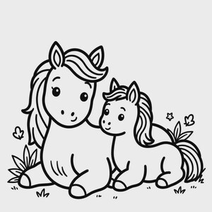 Puede incluir: Ilustraci&oacute;n en blanco y negro de una yegua y su potro. Los caballos est&aacute;n sentados uno al lado del otro, rodeados de hierba y peque&ntilde;as flores. La yegua tiene una melena y cola fluidas, mientras que el potro tiene una melena m&aacute;s corta.