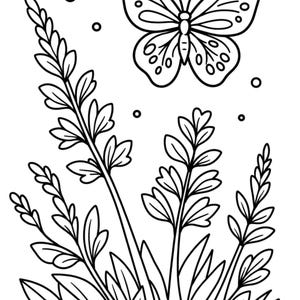 May include: Black and white line art illustration of a butterfly hovering above stylized plants and grass. The butterfly has detailed wing patterns, and the plants have long leaves and stems. Several small circles are scattered around the butterfly.