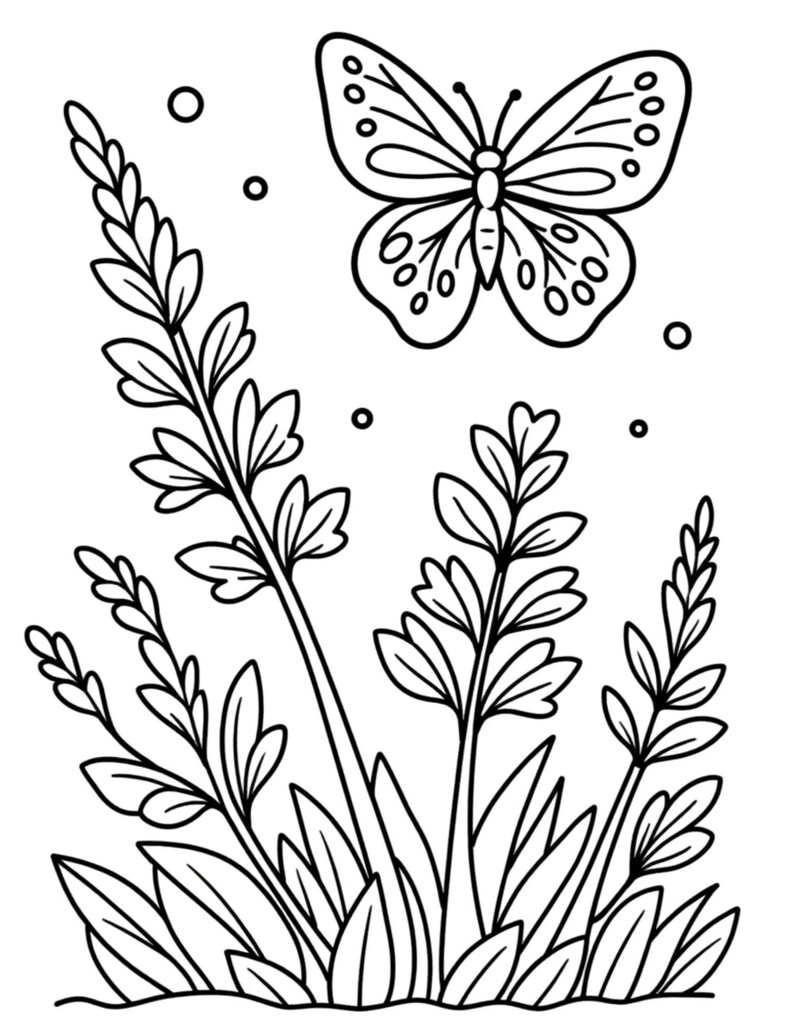 May include: Black and white line art illustration of a butterfly hovering above stylized plants and grass. The butterfly has detailed wing patterns, and the plants have long leaves and stems. Several small circles are scattered around the butterfly.