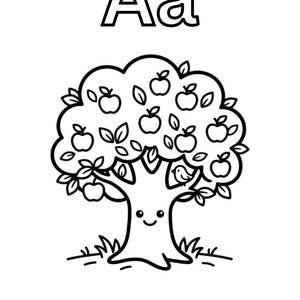 Puede incluir: Una p&aacute;gina para colorear en blanco y negro con las letras Aa en la parte superior y el texto Apple Tree en la parte inferior. La ilustraci&oacute;n central muestra un manzano de dibujos animados con cara sonriente, manzanas, hojas y un p&aacute;jaro.