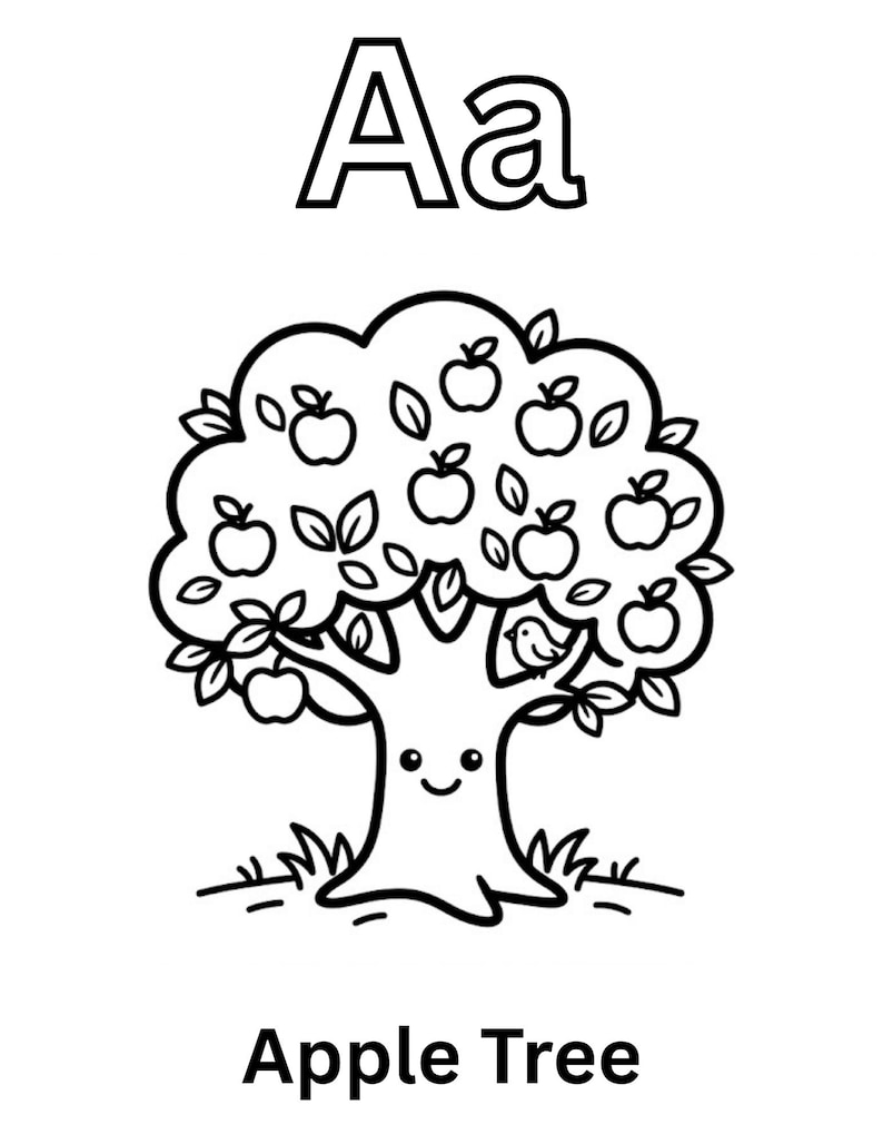 Puede incluir: Una p&aacute;gina para colorear en blanco y negro con las letras Aa en la parte superior y el texto Apple Tree en la parte inferior. La ilustraci&oacute;n central muestra un manzano de dibujos animados con cara sonriente, manzanas, hojas y un p&aacute;jaro.