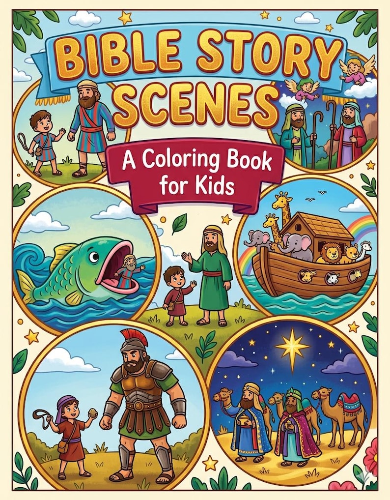 May include: A coloring book titled Bible Story Scenes: A Coloring Book for Kids. The cover features colorful illustrations of biblical narratives, including Noah's Ark, a large fish, a child with a slingshot, and the nativity scene with camels.