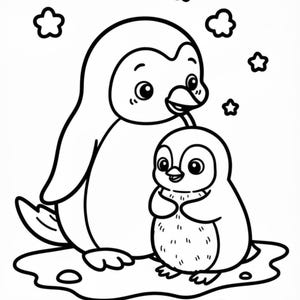 May include: Black and white illustration of two penguins. One large penguin stands next to a smaller penguin. The penguins are surrounded by star and cloud shapes. The image is a line drawing.