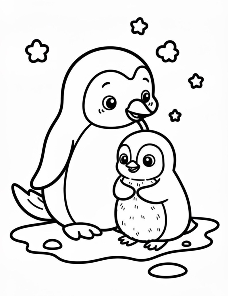 May include: Black and white illustration of two penguins. One large penguin stands next to a smaller penguin. The penguins are surrounded by star and cloud shapes. The image is a line drawing.