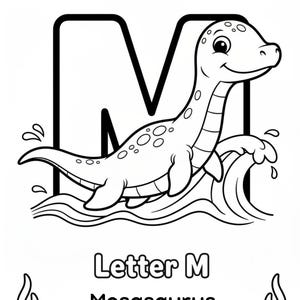 May include: A black and white coloring page featuring a large capital letter M, a cartoon Mosasaurus swimming in waves, clouds, and the text Letter M Mosasaurus. The design includes simple outlines for coloring, with aquatic elements and a dinosaur.
