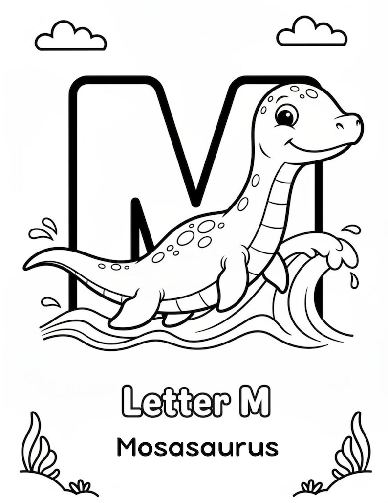 May include: A black and white coloring page featuring a large capital letter M, a cartoon Mosasaurus swimming in waves, clouds, and the text Letter M Mosasaurus. The design includes simple outlines for coloring, with aquatic elements and a dinosaur.