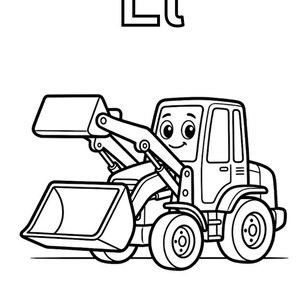 May include: A black and white coloring page featuring a cartoon loader vehicle with a smiling face. The letters LL are printed at the top, and the word Loader is printed at the bottom. The illustration consists of bold black outlines on a white background.