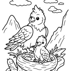 May include: Black and white line art illustration of two birds. One large bird stands beside a smaller bird in a nest. The background includes clouds, mountains, and foliage. A coloring book page.