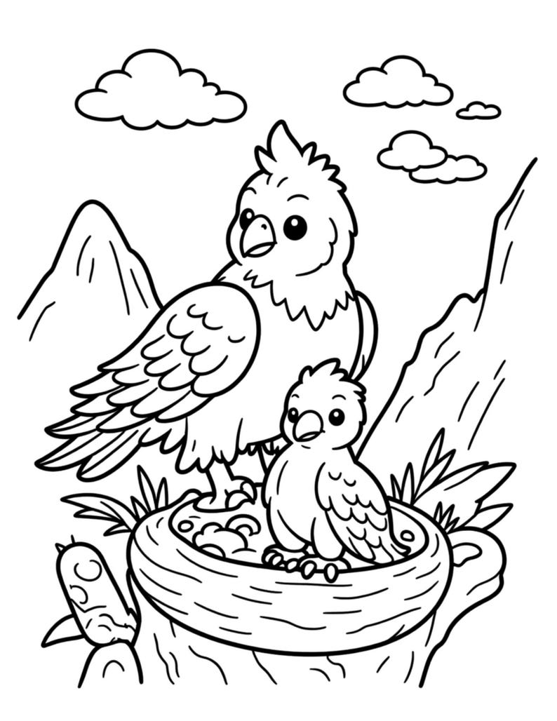 May include: Black and white line art illustration of two birds. One large bird stands beside a smaller bird in a nest. The background includes clouds, mountains, and foliage. A coloring book page.