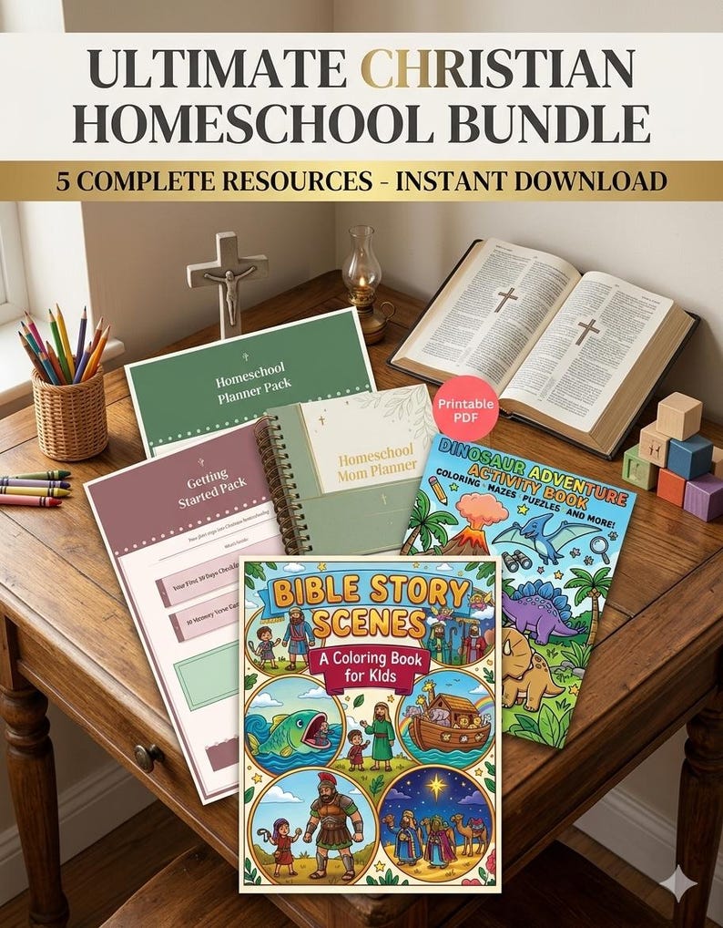 May include: An assortment of homeschool resources, including a planner pack, a mom planner, and coloring books. The image features the text "ULTIMATE CHRISTIAN HOMESCHOOL BUNDLE" and "5 COMPLETE RESOURCES - INSTANT DOWNLOAD". A Bible and pencils are also visible.