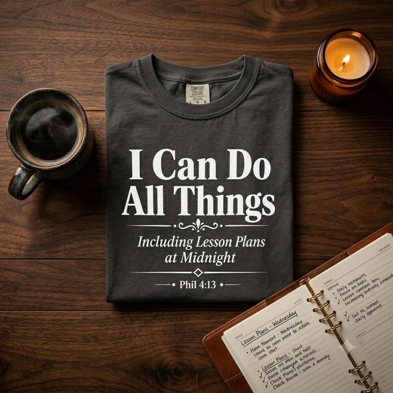 May include: A charcoal gray crew neck t-shirt featuring the white text I Can Do All Things Including Lesson Plans at Midnight Phil 4:13. The shirt has a Comfort Colors brand label at the inner neckline and is displayed on a dark wooden surface.