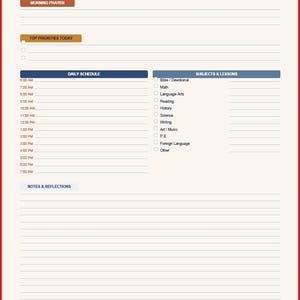 May include: A daily planner page with a dark blue header and footer. It includes sections for Morning Prayer, Top Priorities, a daily schedule from 6:00 AM to 7:00 PM, Subjects & Lessons, and Notes & Reflections, featuring the text Trust in the LORD.