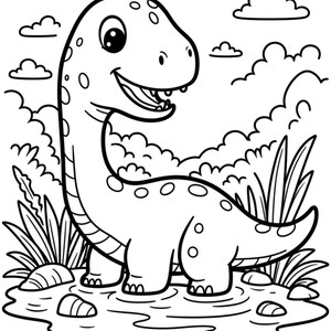 May include: A black and white illustration of a friendly dinosaur with a long neck and spots. The dinosaur is smiling and standing in water, surrounded by plants and rocks. Clouds fill the background.