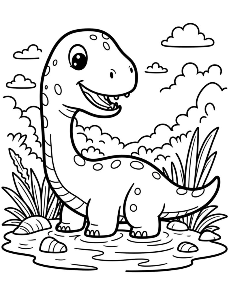May include: A black and white illustration of a friendly dinosaur with a long neck and spots. The dinosaur is smiling and standing in water, surrounded by plants and rocks. Clouds fill the background.