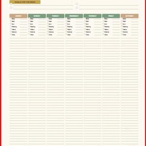 May include: A weekly planner with a green header and a beige interior. The planner includes sections for each day of the week, with checkboxes for various activities. The top section includes the text "Be still, and know that I am God - Psalm 46:10."