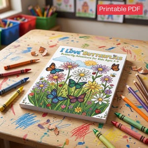 May include: A coloring book titled "I Love Butterflies" featuring colorful illustrations of butterflies, flowers, and a sunny sky. Crayons and colored pencils surround the book on a wooden table, with the words "Printable PDF" in the top right corner.