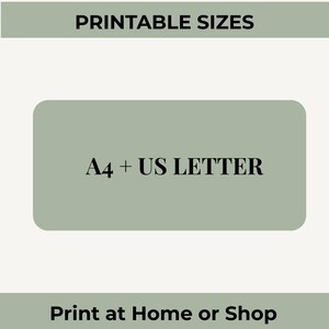 May include: A sage green rectangular graphic with the text PRINTABLE SIZES at the top, A4 + US LETTER in the center, and Print at Home or Shop at the bottom. The design features a light background with a sage green central rounded rectangle.