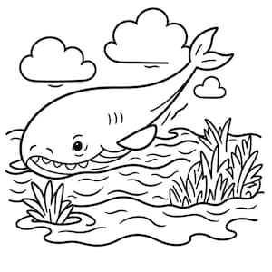 May include: A black and white line art illustration of a whale breaching the surface of wavy water. The scene includes two fluffy clouds in the sky and patches of tall, pointed aquatic grass growing along the edge of the water in the foreground.