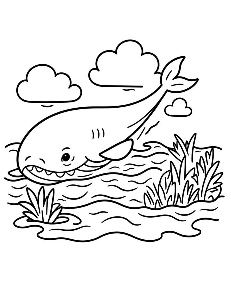 May include: A black and white line art illustration of a whale breaching the surface of wavy water. The scene includes two fluffy clouds in the sky and patches of tall, pointed aquatic grass growing along the edge of the water in the foreground.
