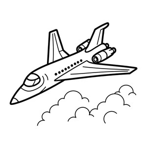 Puede incluir: Una ilustraci&oacute;n de arte lineal en blanco y negro de un avi&oacute;n a reacci&oacute;n volando sobre un grupo de nubes. La aeronave presenta una nariz puntiaguda, una ventana de cabina, una serie de ventanas circulares a lo largo del fuselaje y dos alas.