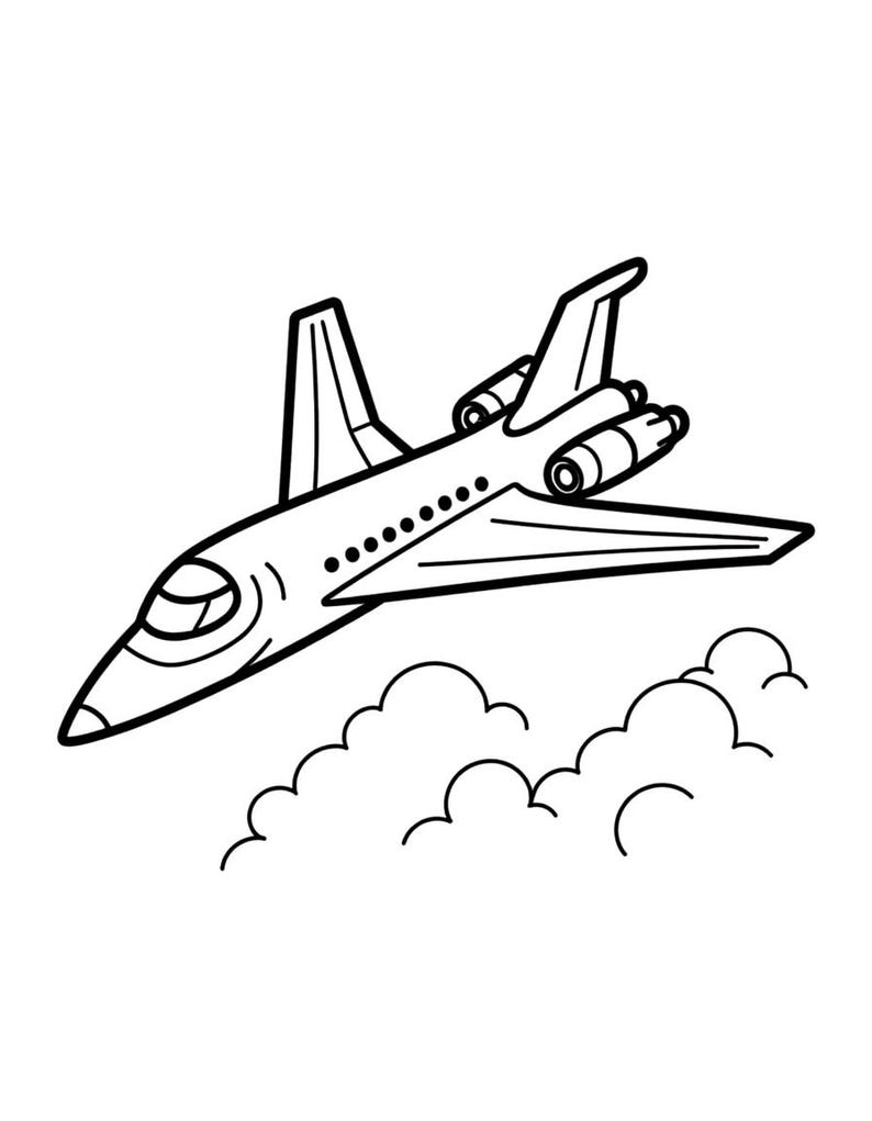 Puede incluir: Una ilustraci&oacute;n de arte lineal en blanco y negro de un avi&oacute;n a reacci&oacute;n volando sobre un grupo de nubes. La aeronave presenta una nariz puntiaguda, una ventana de cabina, una serie de ventanas circulares a lo largo del fuselaje y dos alas.