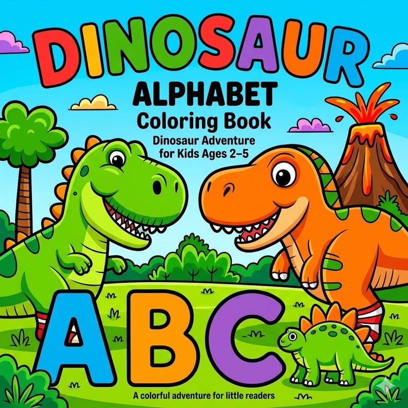 May include: A coloring book titled Dinosaur Alphabet Coloring Book Dinosaur Adventure for Kids Ages 2-5. The cover features a green dinosaur, an orange dinosaur, a small green dinosaur, a volcano, and the letters A, B, and C in bright colors.