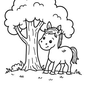 May include: A black and white line art illustration featuring a cartoon horse standing next to a large, leafy tree. The horse has a short mane and a bushy tail, positioned on a patch of grass with small tufts of vegetation at the base of the tree.