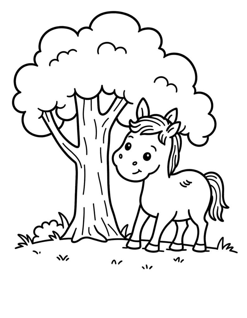 May include: A black and white line art illustration featuring a cartoon horse standing next to a large, leafy tree. The horse has a short mane and a bushy tail, positioned on a patch of grass with small tufts of vegetation at the base of the tree.