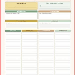 May include: A planner for setting goals, framed in red. The top section has the title "Goal Setting" and a quote. It's divided into sections for "Word of the Year," "Family Vision/Mission Statement," "Academic Goals," "Spiritual Goals," "Personal Goals," and "Home & Family."