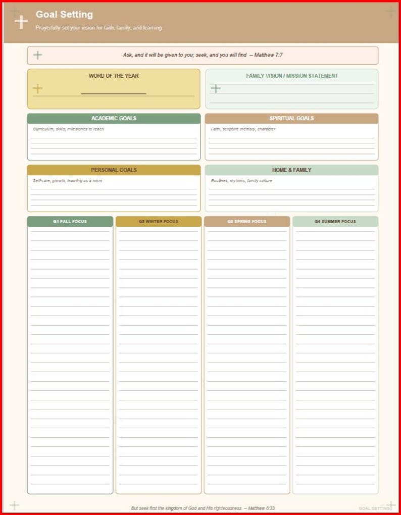 May include: A planner for setting goals, framed in red. The top section has the title "Goal Setting" and a quote. It's divided into sections for "Word of the Year," "Family Vision/Mission Statement," "Academic Goals," "Spiritual Goals," "Personal Goals," and "Home & Family."