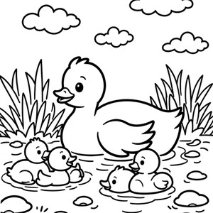 May include: Black and white line art illustration of a mother duck and her ducklings swimming in a pond. The ducklings are small and fluffy, and the mother duck is large and protective. Clouds are in the sky.