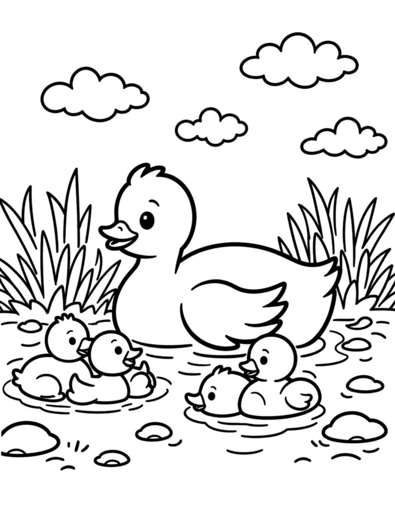 May include: Black and white line art illustration of a mother duck and her ducklings swimming in a pond. The ducklings are small and fluffy, and the mother duck is large and protective. Clouds are in the sky.