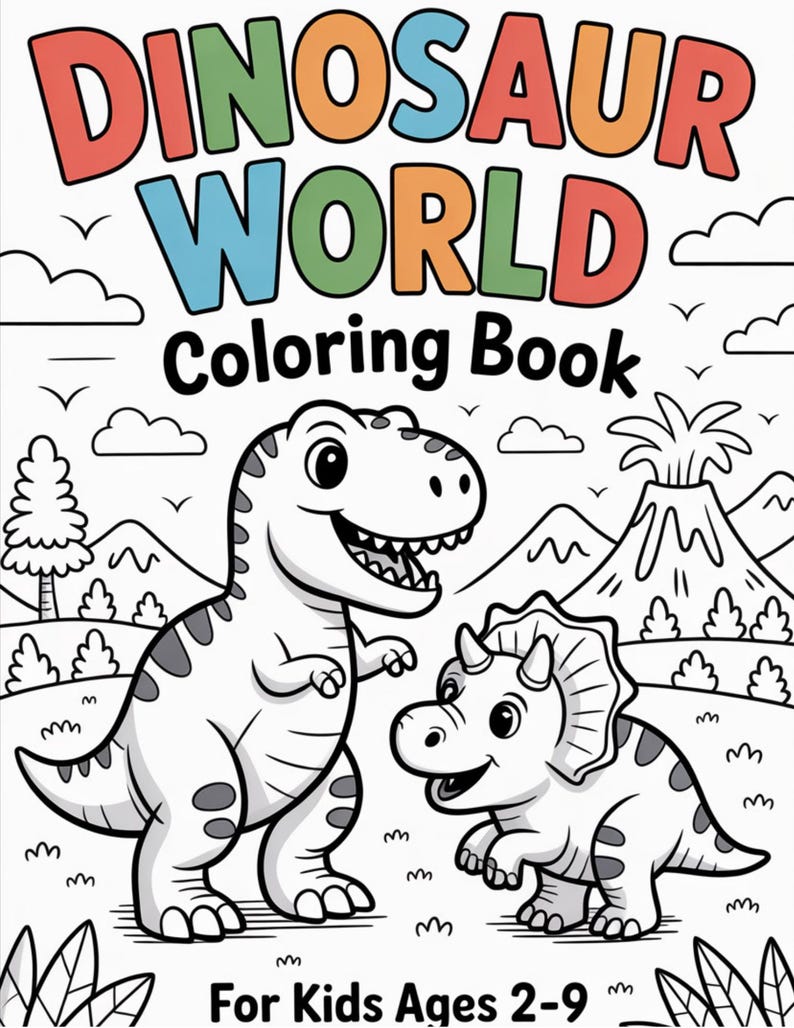 May include: A coloring book titled Dinosaur World featuring a black and white line art illustration of a Tyrannosaurus Rex and a Triceratops in a prehistoric landscape with a volcano, mountains, and trees. The cover text reads Dinosaur World Coloring Book For Kids Ages 2-9.