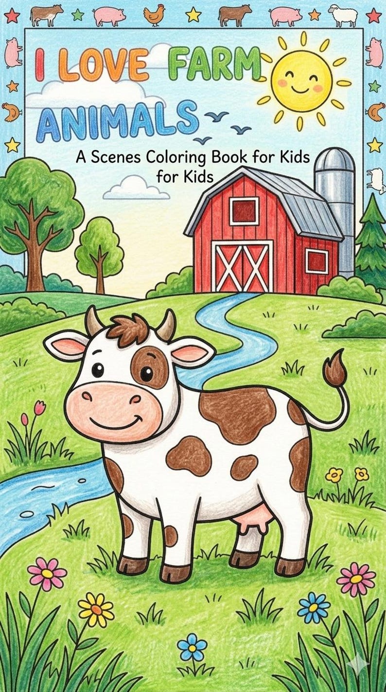 May include: A coloring book cover titled I LOVE FARM ANIMALS A Scenes Coloring Book for Kids for Kids featuring a cartoon cow with brown spots standing in a green field with a blue stream, a red barn, and a yellow sun in the sky.