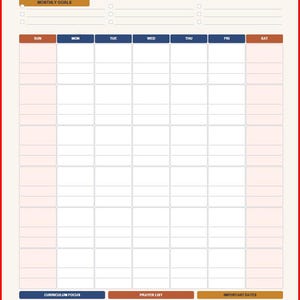 May include: A monthly overview planner page featuring a dark blue header with the text Monthly Overview, a section for Monthly Goals, a seven-column calendar grid, and bottom sections for Curriculum Focus, Prayer List, and Important Dates.