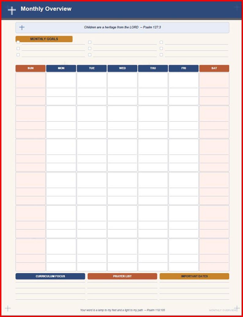 May include: A monthly overview planner page featuring a dark blue header with the text Monthly Overview, a section for Monthly Goals, a seven-column calendar grid, and bottom sections for Curriculum Focus, Prayer List, and Important Dates.