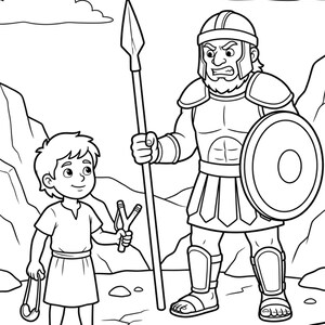 May include: A black and white line art illustration featuring a young person in a simple tunic holding a slingshot, standing opposite a large, muscular warrior wearing armor, a helmet, and greaves, while holding a tall spear and a round shield.
