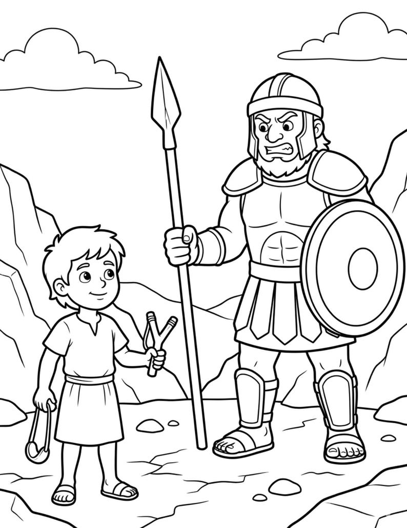 May include: A black and white line art illustration featuring a young person in a simple tunic holding a slingshot, standing opposite a large, muscular warrior wearing armor, a helmet, and greaves, while holding a tall spear and a round shield.