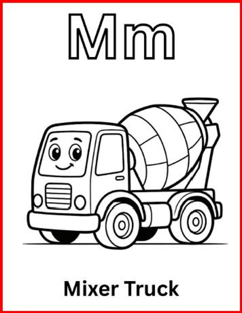 May include: A black and white coloring page featuring the uppercase and lowercase letters Mm at the top and a cartoon mixer truck illustration in the center. The text Mixer Truck is printed at the bottom of the page in a bold black font.