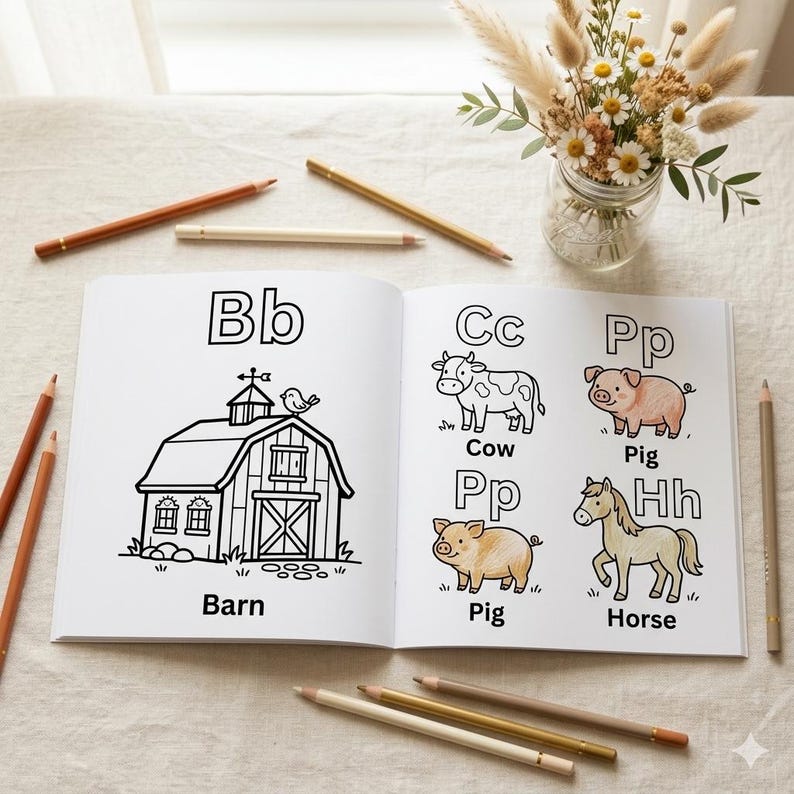 Puede incluir: Un libro para colorear abierto que presenta letras del alfabeto e ilustraciones de animales de granja. La p&aacute;gina izquierda muestra un granero con el texto Bb y Barn. La p&aacute;gina derecha muestra una vaca, dos cerdos y un caballo con el texto Cc, Pp, Hh, Cow, Pig y Horse.