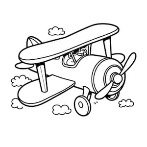 Puede incluir: Una ilustraci&oacute;n de arte lineal en blanco y negro de un biplano volando por el aire. La aeronave cuenta con una h&eacute;lice en la parte delantera, dos juegos de alas y tren de aterrizaje. Un piloto con gafas protectoras se ve en la cabina.